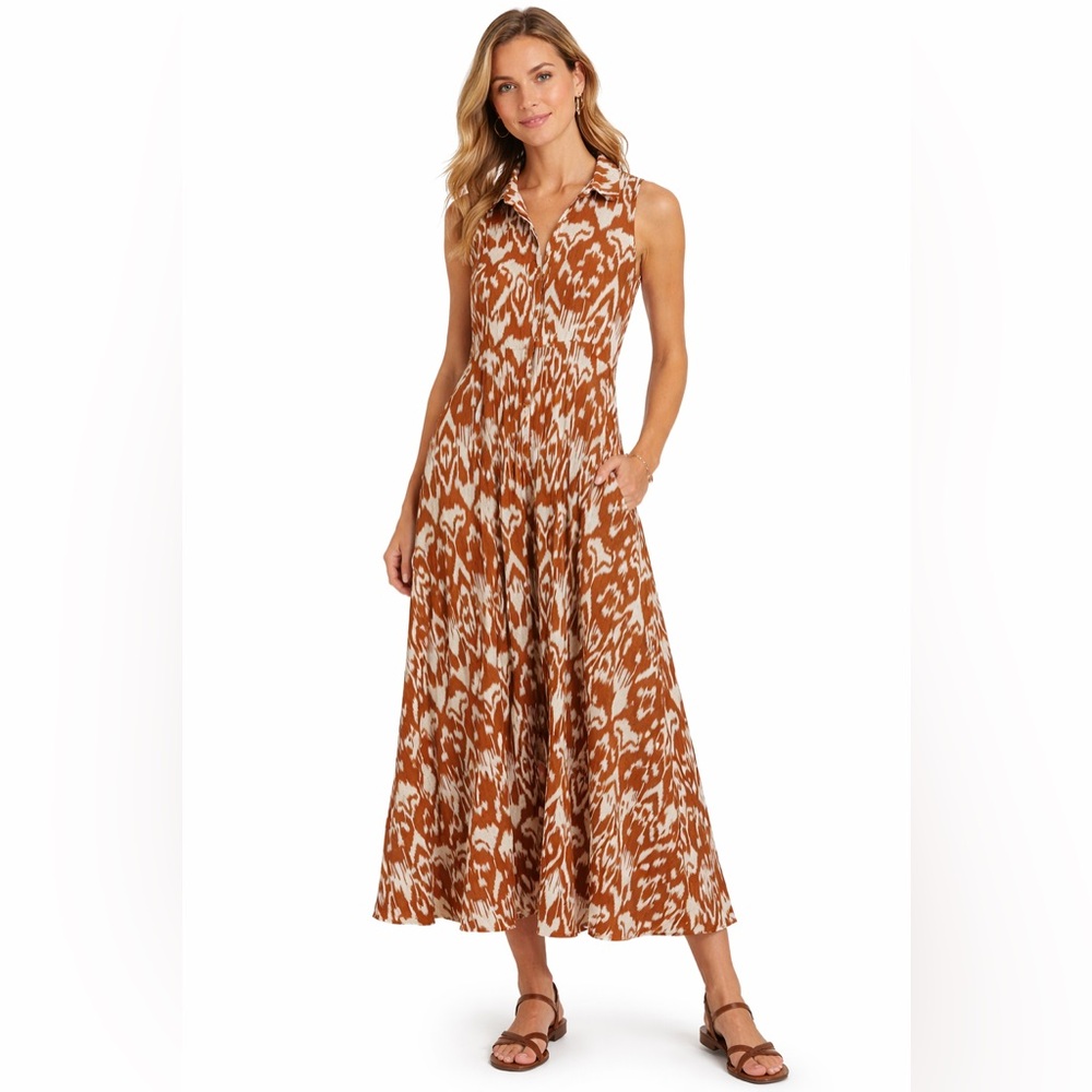 Livro Brown & Cream Ikat Print Sleeveless Midi Dress